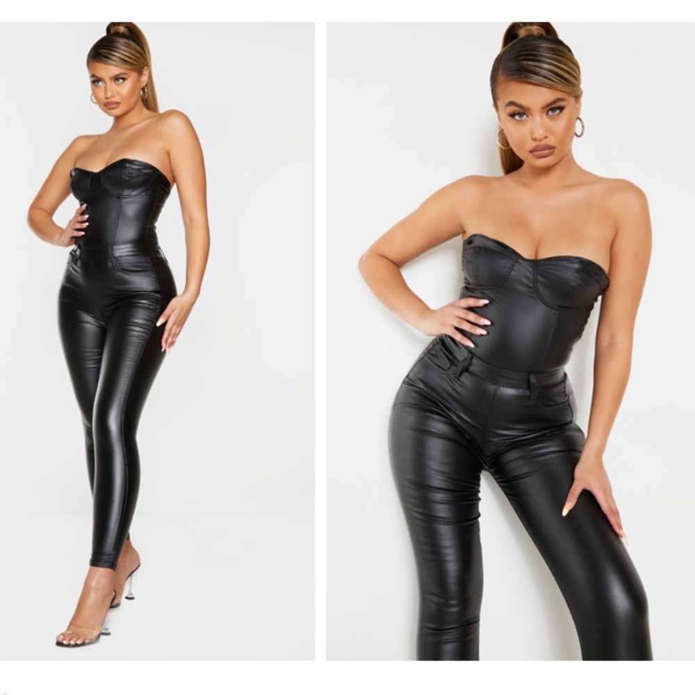 Black Bandeau Coated Jumpsuit